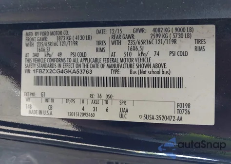 2016 Ford Transit-350 Xlt z USA, uszkodzony, nr VIN 1FBZX2CG4GKA53763